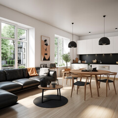 interior, design, scandinavian, black sectional sofa, a combined living room and kitchen, wood round table and black chairs, The room is elongated, and a white kitchen is seen to the right, windows