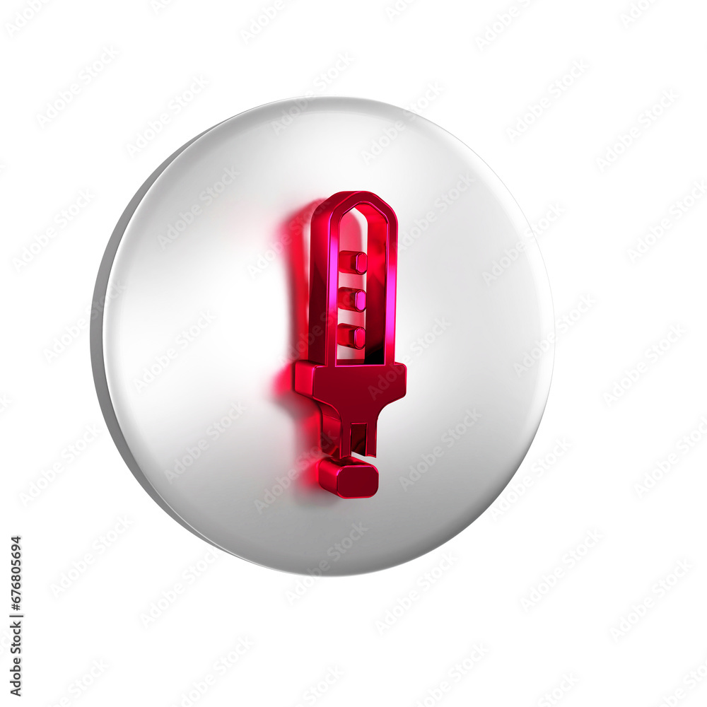 Poster red medieval sword icon isolated on transparent background. medieval weapon. silver circle button.