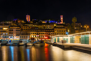 Night view of Cannes, a resort town on the French Riviera, is famed for its international film...