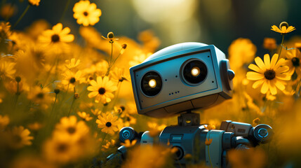 Little Robot  yeloe flowers s in a Surreal Yet Realistic Stylized Field, harmonious blend of technology and nature through