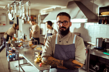 Young male chef looking at the camera in busy kitchen
