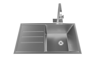 A stainless steel kitchen sink isolated on a white background, equipped with a faucet, and rendered in 3D.