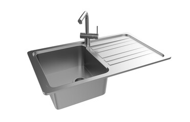 A stainless steel kitchen sink isolated on a white background, equipped with a faucet, and rendered in 3D.