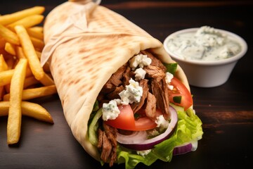 Greek gyros wrapped in pita breads on a wooden table, shawarma sandwich