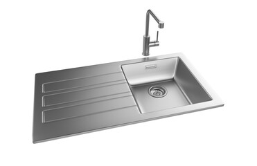 A stainless steel kitchen sink isolated on a white background, equipped with a faucet, and rendered in 3D.