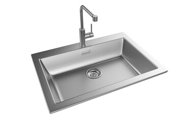 A stainless steel kitchen sink isolated on a white background, equipped with a faucet, and rendered in 3D.