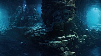  a cave filled with rocks and water next to a cave with a light at the end of the tunnel and a light at the end of the tunnel.  generative ai