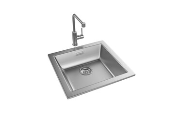 A stainless steel kitchen sink isolated on a white background, equipped with a faucet, and rendered in 3D.