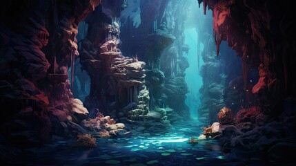 a painting of a cave with a stream in the middle of it and lots of rocks on either side of it.  generative ai