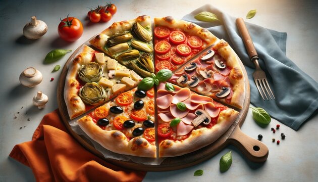 High-quality image of a gourmet Quattro Stagioni pizza with artichokes, mushrooms, black olives with ham, and tomatoes with basil on a crispy crust, on a wooden board
