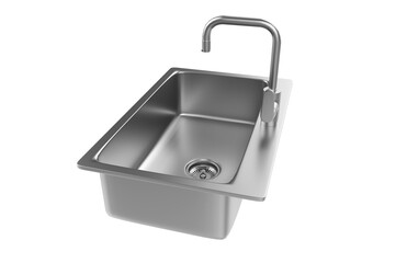 A stainless steel kitchen sink isolated on a white background, equipped with a faucet, and rendered in 3D.