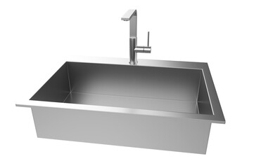 A stainless steel kitchen sink isolated on a white background, equipped with a faucet, and rendered in 3D.