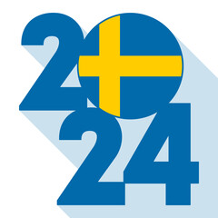 Obraz premium Happy New Year 2024, long shadow banner with Sweden flag inside. Vector illustration.
