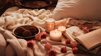  a couple of candles sitting on top of a bed next to a book and a bowl of food on top of a bed. ...