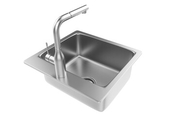 A stainless steel kitchen sink isolated on a white background, equipped with a faucet, and rendered in 3D.