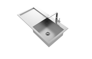 A stainless steel kitchen sink isolated on a white background, equipped with a faucet, and rendered in 3D.