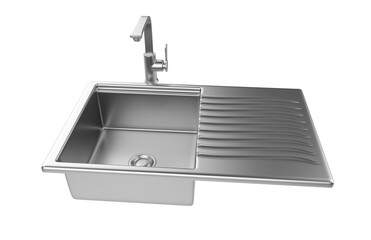 A stainless steel kitchen sink isolated on a white background, equipped with a faucet, and rendered in 3D.