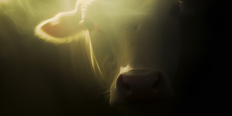 Close up of a cow's face in the dark slaughterhouse. Campaign against animal abuse - obrazy, fototapety, plakaty