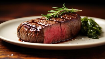  a piece of steak sitting on top of a white plate next to a side of broccoli on a wooden table.  generative ai