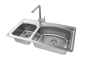 A stainless steel kitchen sink isolated on a white background, equipped with a faucet, and rendered in 3D.