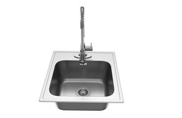 A stainless steel kitchen sink isolated on a white background, equipped with a faucet, and rendered in 3D.