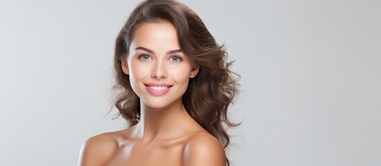 A young beautiful adult woman is seen as a sexy model on a white background representing the isolated pursuit of fitness health and beauty in sports while maintaining a focus on skin care an - obrazy, fototapety, plakaty