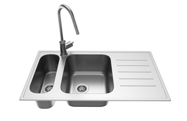 A stainless steel kitchen sink isolated on a white background, equipped with a faucet, and rendered in 3D.