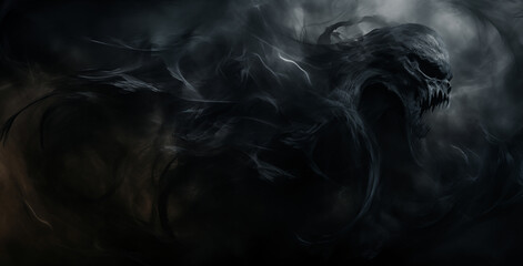 scary fantasy monster coming out of the smoke - obrazy, fototapety, plakaty