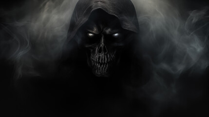 scary grim reaper with shiny eyes in the dark - obrazy, fototapety, plakaty