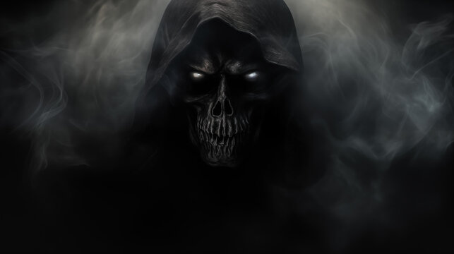scary grim reaper with shiny eyes in the dark