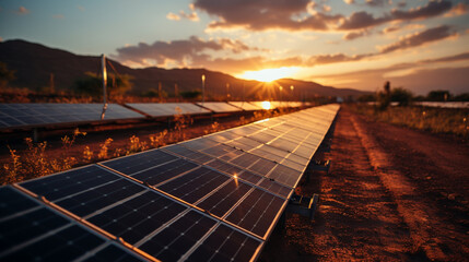 Solar panel field in the desert at sunset, sunrise with sunshine. Green, renewable energy. Replace power. Wide image 21:9