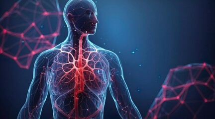A holographic, blue human body with red lung inside. Healthcare illustration of the human respiratory organs in front of plexus cloud. Generative AI.