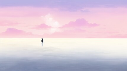  a person standing in the middle of a large body of water with a pink sky in the background and clouds in the sky.  generative ai