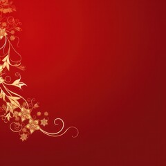 golden elegant Christmas ornament on red background with copy space.Greeting Christmas card. 