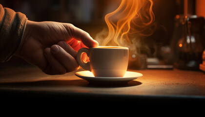 Illustration of person's hand making coffee with light and yellow smoke. Drink concept. - obrazy, fototapety, plakaty
