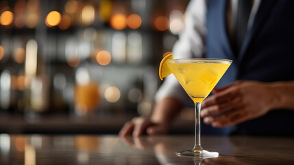 close up of a yellow cocktail with blurred Bartender and bar in the back with empty copy space	