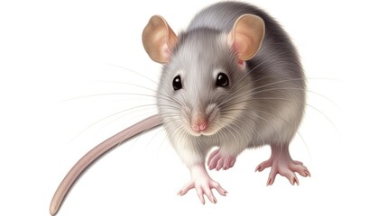 Fototapeta premium a mouse is standing on its hind legs with a long tail in front of a white background with a shadow of the mouse. generative ai