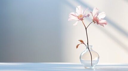  two pink flowers in a clear glass vase on a white table with a shadow of a wall in the background.  generative ai