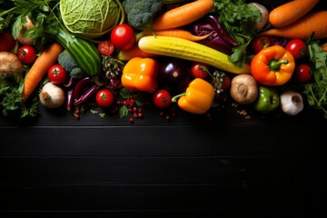 Selection of healthy vegetables and fruits in flat lay style   top view on dark solid background