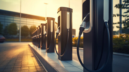 Electric vehicle charging poles are aligned at the charging station. Clean energy. Electric car technology. - obrazy, fototapety, plakaty
