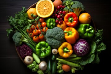 Fresh and vibrant assortment of healthy vegetables and fruits, top view on dark solid background
