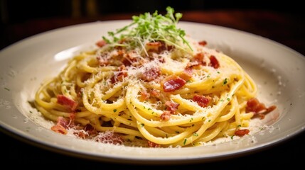  a close up of a plate of pasta with bacon and parmesan on the top of the pasta is garnished with parsley.  generative ai
