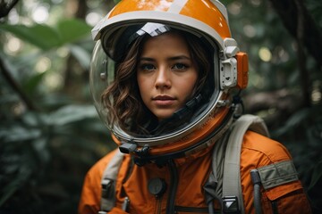 Close-up portrait of a beautiful woman wearing an orange spacesuit in a new green tropical planet with plants.
