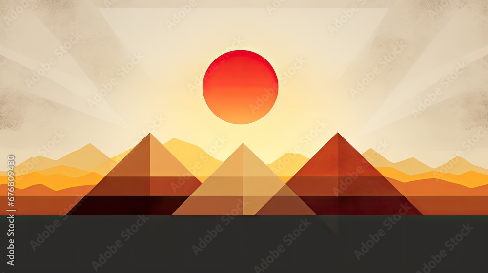 Wall mural a picture of a mountain range with a red sun in the middle of the sky and mountains in the backgroun