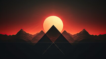  the sun is setting over a mountain range with mountains in the foreground and a red sky in the background.  generative ai