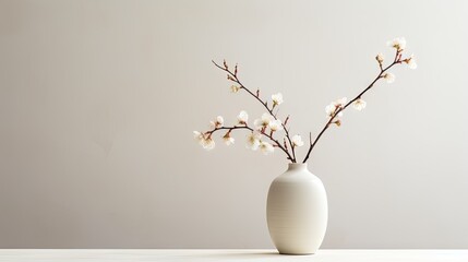 Obraz na płótnie Canvas a white vase with a branch of white flowers in it on a table with a white wall in the background. generative ai