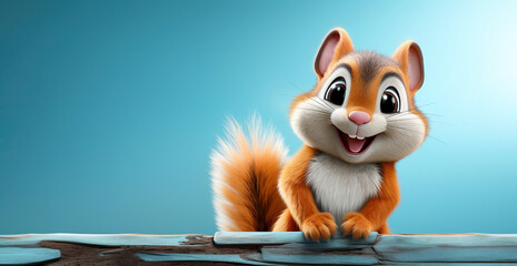 Fototapeta premium cute cartoon character squirrel on blue isolated background with copy space