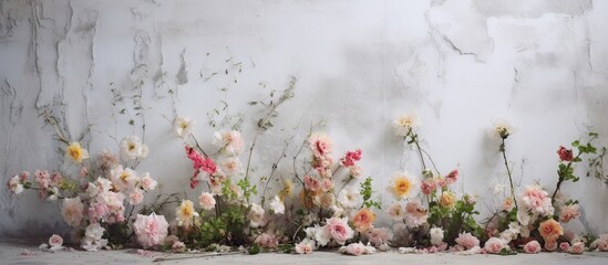 Flowers life on a concrete grey wall. AI generated image