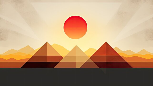  a picture of a mountain range with a red sun in the middle of the sky and mountains in the background.  generative ai