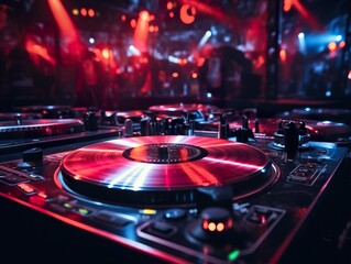 Fototapeta na wymiar DJ Night Club Deejay Record Player Retro night club neon colorful light DJ is mixing music with deejay controller 